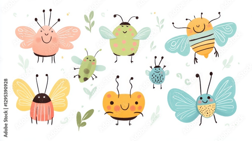 Naklejka premium Whimsical collection of smiling garden bugs, playful line art style, pastel color palette, rounded shapes with cute facial expressions, floating butterflies with decorative wing patterns, simple
