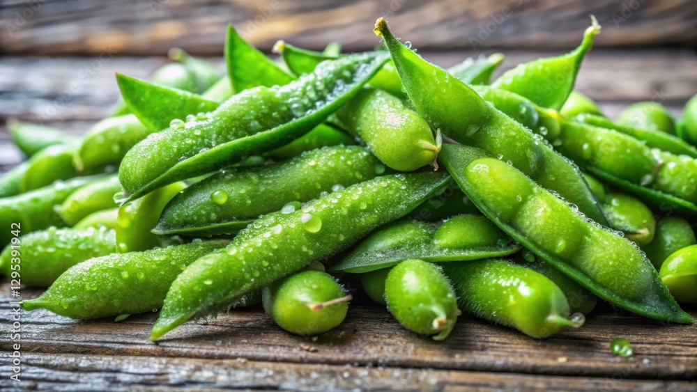 Fresh Green Peas and Pods with Dew on Rustic Wooden Surface Fresh Green Peas and Pods with Dew on Rustic Wooden Surface