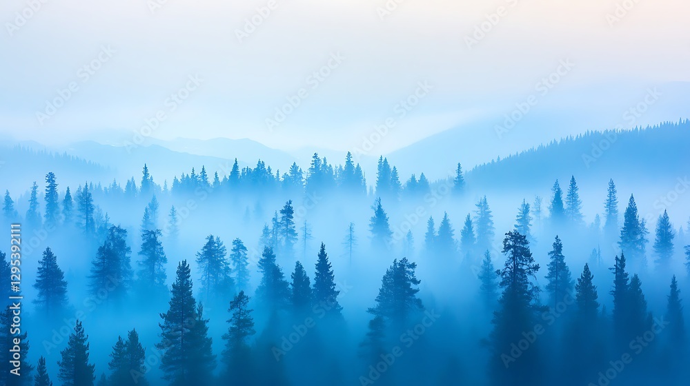 Obraz premium Misty forest shows majestic silhouettes of the mountain trees