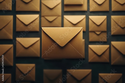 Brown kraft envelopes arranged in grid. Illustrates email marketing, communication, or mass messaging.
