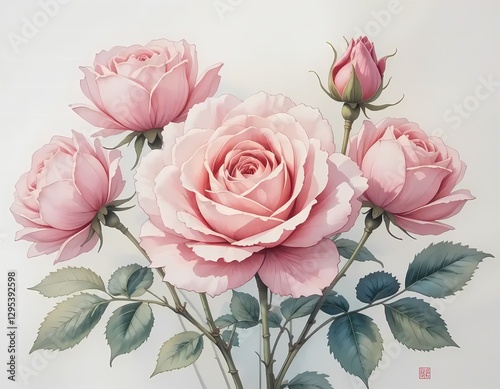 Beautiful blooming roses with soft petals in gentle washes of pink and crimson, watercolor painting art