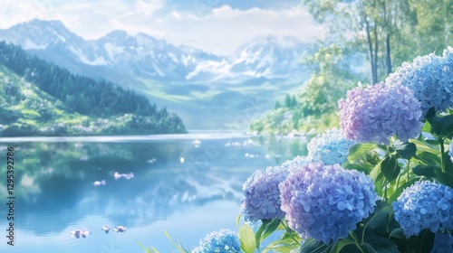 Fototapeta Naklejka Na Ścianę i Meble -  copy space photo of hydrangea flowers by the lake