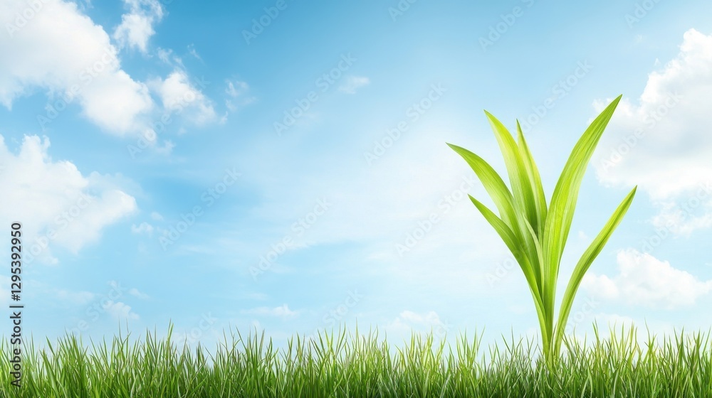 Fototapeta premium A young green plant grows amidst lush grass under a bright blue sky with fluffy clouds, symbolizing nature's resilience and beauty.