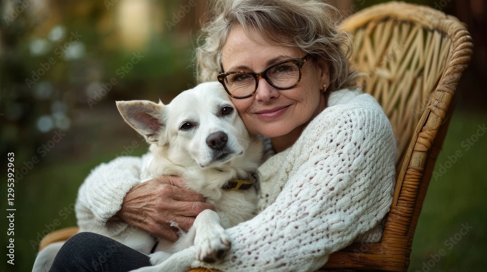 heartfelt pet companionship, mature woman with modern glasses, cuddling white hunting dog, garden chair setting, country home environment, green lawn backdrop, documentary style photography, warm heartfelt pet companionship, mature woman with modern glasses, cuddling white hunting dog, garden chair setting, country home environment, green lawn backdrop, documentary style photography, warm