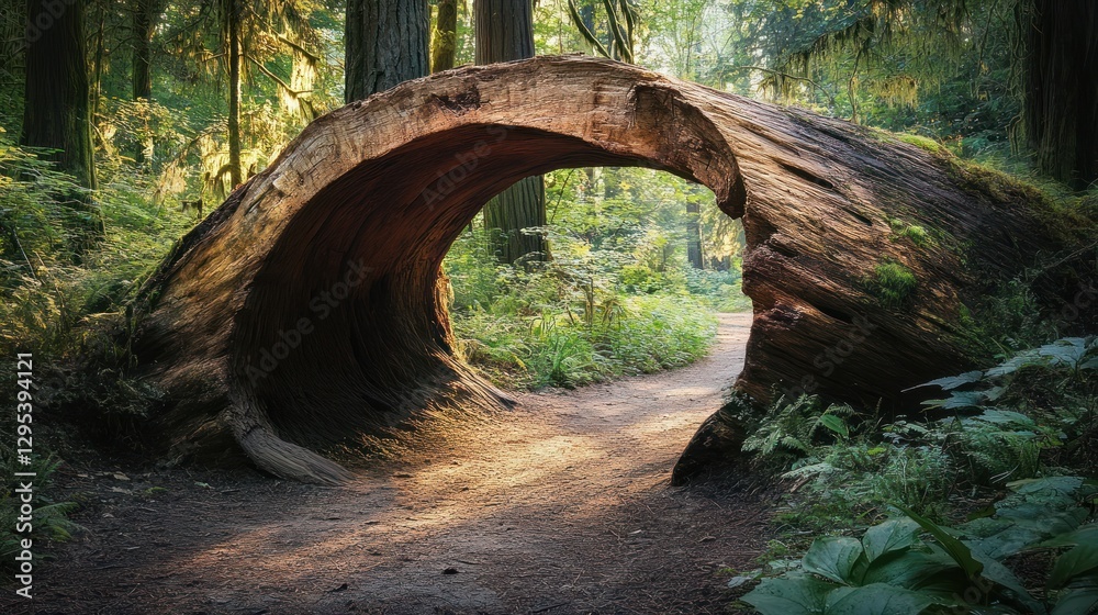Hollow redwood tree trunk forms natural tunnel over pathway Hollow redwood tree trunk forms natural tunnel over pathway