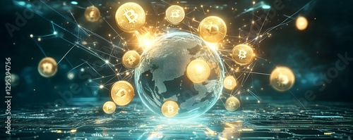Cryptocurrencies circulate planet earth connected by network lines