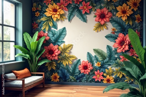 Colorful Floral Wall Decor with Tropical Plants and Sofa