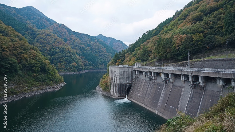 Mountainous Reservoir Dam Water Structure Scene Mountainous Reservoir Dam Water Structure Scene