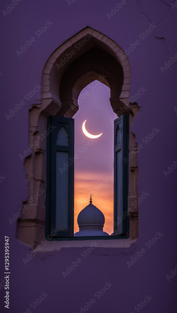 Fototapeta premium Radiant Crescent Moon and Purple Twilight Sky Above Arabic Mosque Building at Dusk Exterior Islamic Architecture Building Design Inspiration
