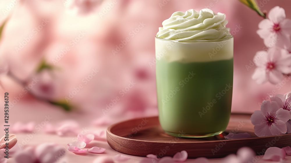 桜舞う春の抹茶クリームラテ | Springtime Matcha Cream Latte with Sakura Blossoms Generative AI 桜舞う春の抹茶クリームラテ | Springtime Matcha Cream Latte with Sakura Blossoms Generative AI