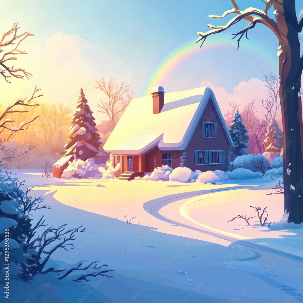 Fototapeta premium Snowy cottage sunrise, rainbow, winter wonderland.
