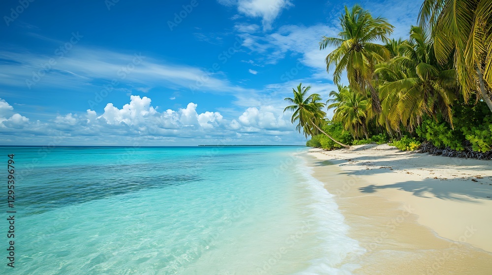 Tropical Paradise: Idyllic Beach Scene with Turquoise Waters and Lush Palm Trees Tropical Paradise: Idyllic Beach Scene with Turquoise Waters and Lush Palm Trees