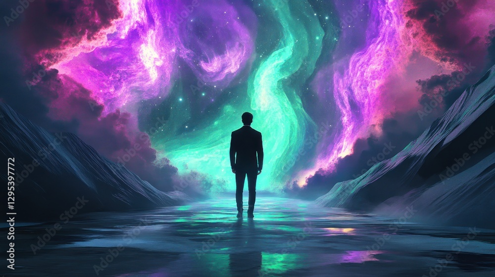 Man stands before a vibrant nebula in a surreal landscape Man stands before a vibrant nebula in a surreal landscape