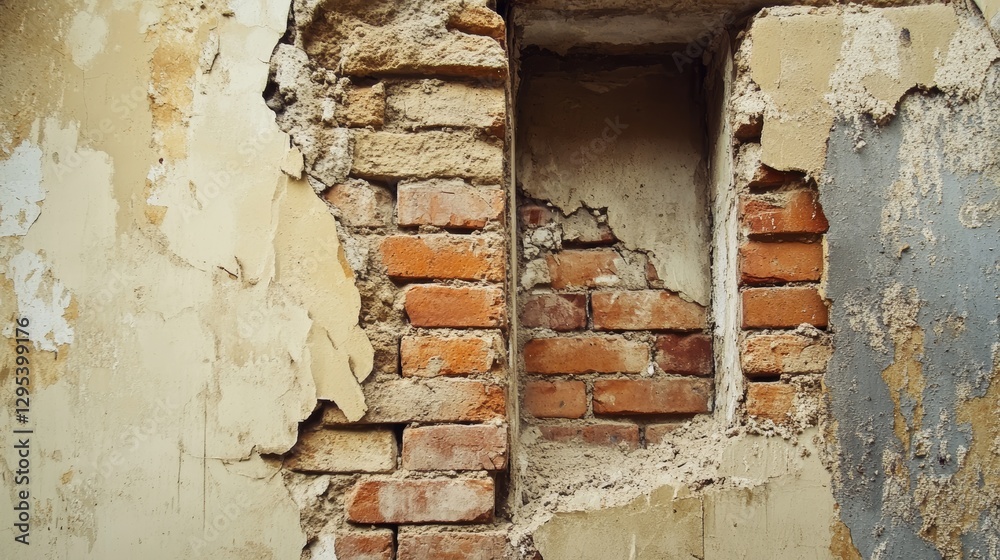 Exposed brick and decaying plaster facade with a niche Exposed brick and decaying plaster facade with a niche