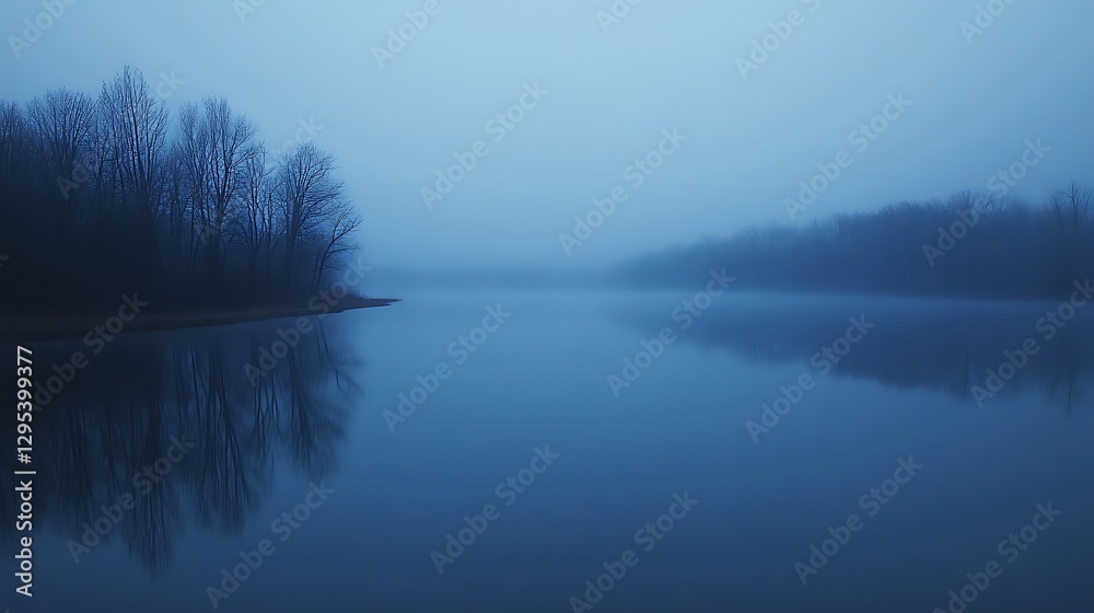 Fototapeta premium A Foggy Lake Reflects Trees on a Cold Calm Morning