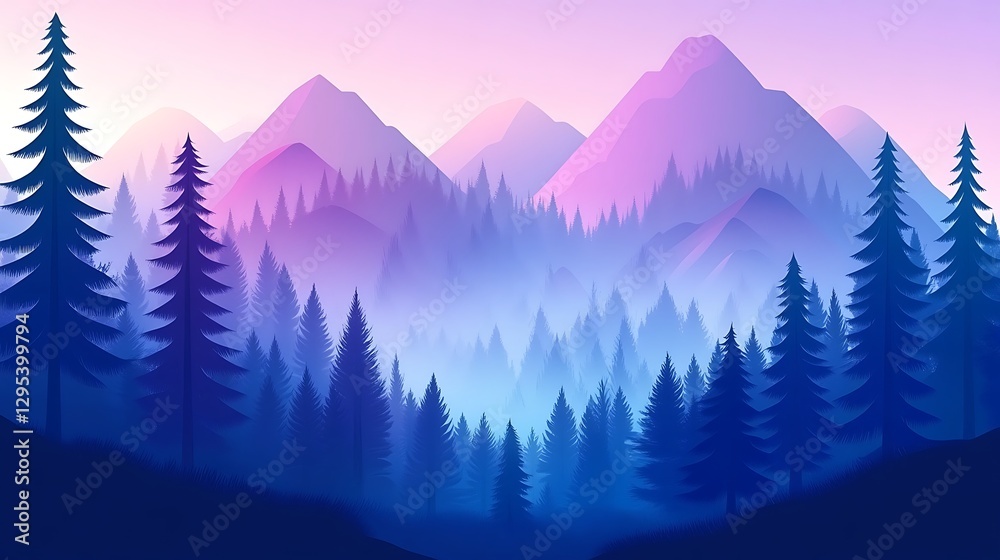 Fototapeta premium A purple landscape displays silhouettes of forests and mountains