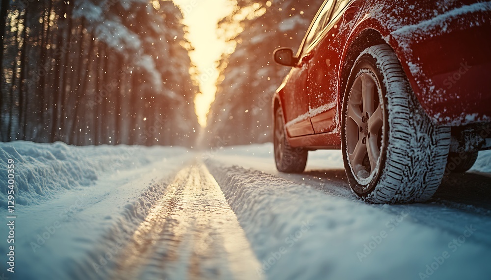 Red car winter road sunset snow Red car winter road sunset snow