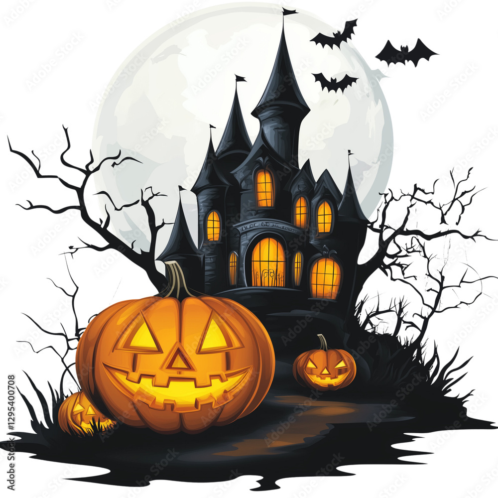 A misty Halloween forest with a mysterious dark castle on transparent png background. Ai generated A misty Halloween forest with a mysterious dark castle on transparent png background. Ai generated
