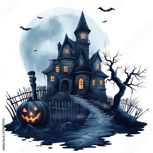 A moonlit graveyard pathway lined with pumpkins and dimly lit lanterns on transparent png background. Ai generated