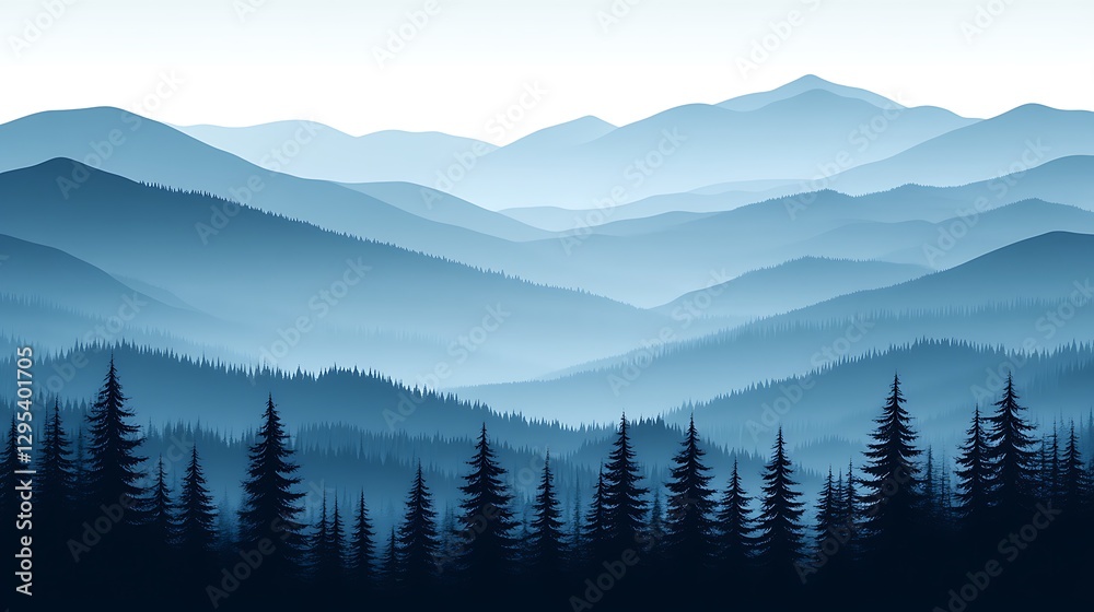 Fototapeta premium This image depicts a layered blue mountain and forest landscape