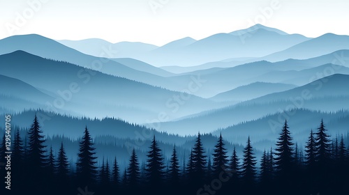 This image depicts a layered blue mountain and forest landscape