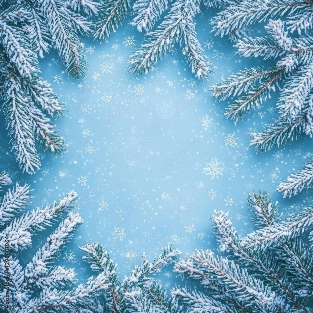 Snowy pine branches frame on light blue background Snowy pine branches frame on light blue background