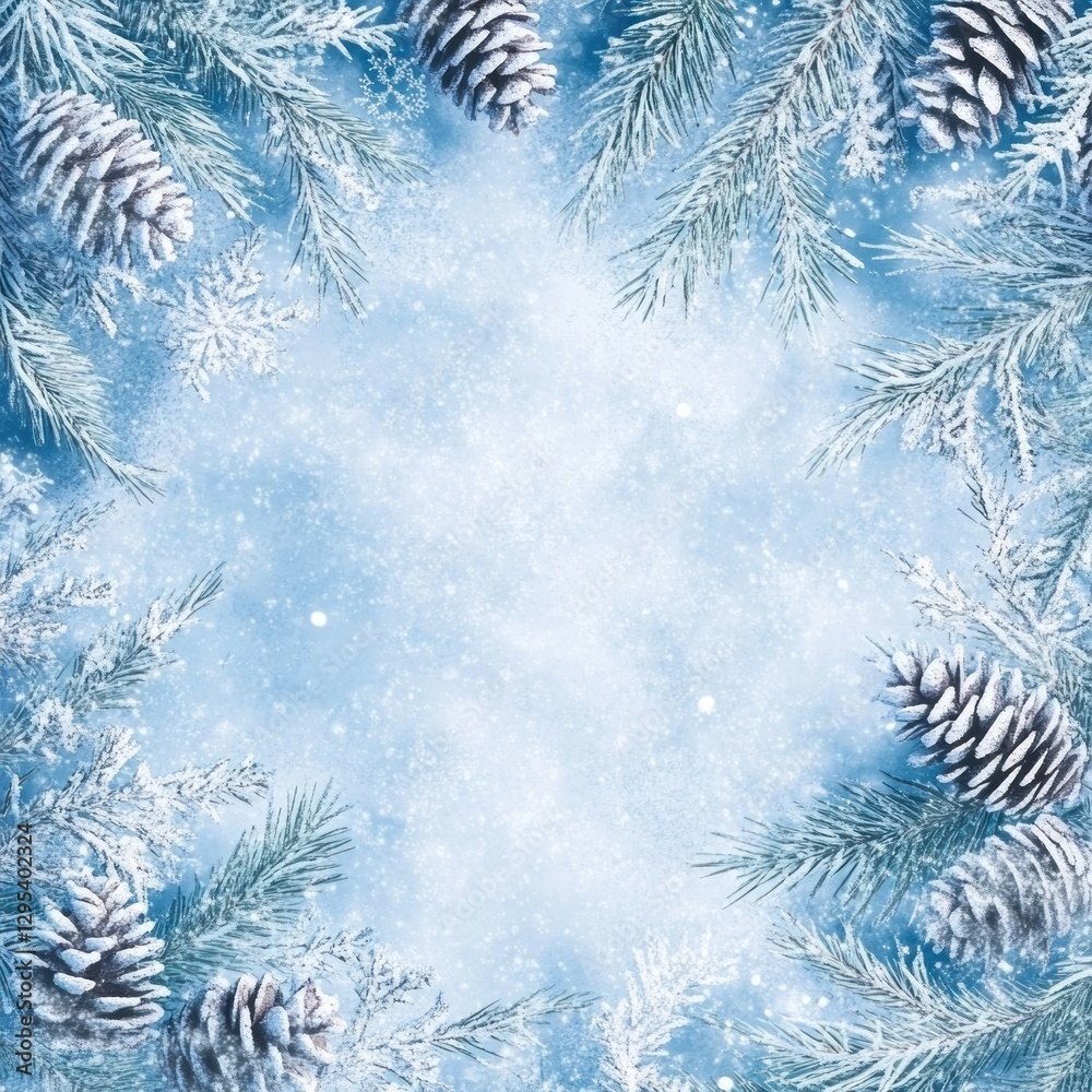 Snowy pine branches frame, winter background, holiday decor Snowy pine branches frame, winter background, holiday decor