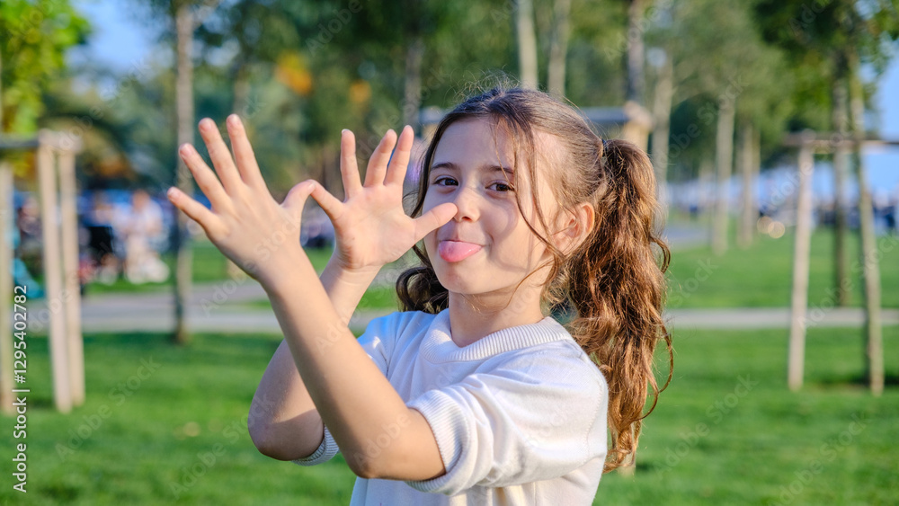 A little girl child standing in a wooded park on a spring day, looking at the camera and sticking out her tongue A little girl child standing in a wooded park on a spring day, looking at the camera and sticking out her tongue
