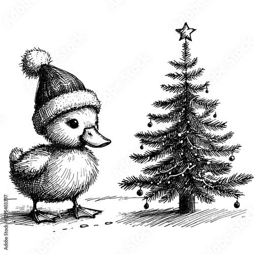Duck Christmas line art drawing ink sketch vector hand drawn illustration background