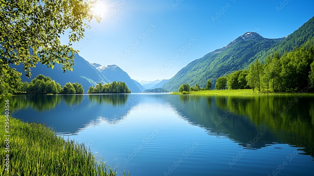 Serene Mountain Lake Landscape with Lush Green Trees and Bright Sunny Sky Serene Mountain Lake Landscape with Lush Green Trees and Bright Sunny Sky