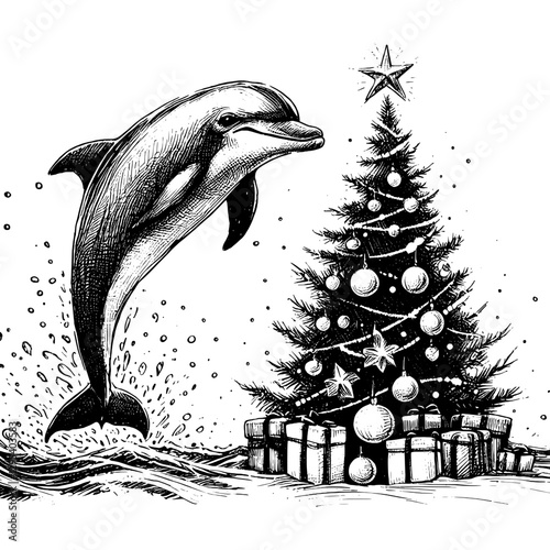 dolphin Christmas line art drawing ink sketch vector hand drawn illustration background