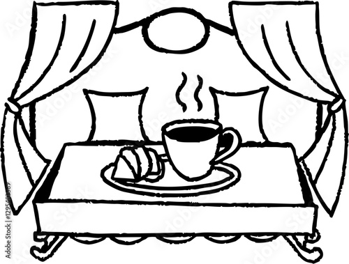 Cozy coffee table with steaming cup and curtains in warm setting