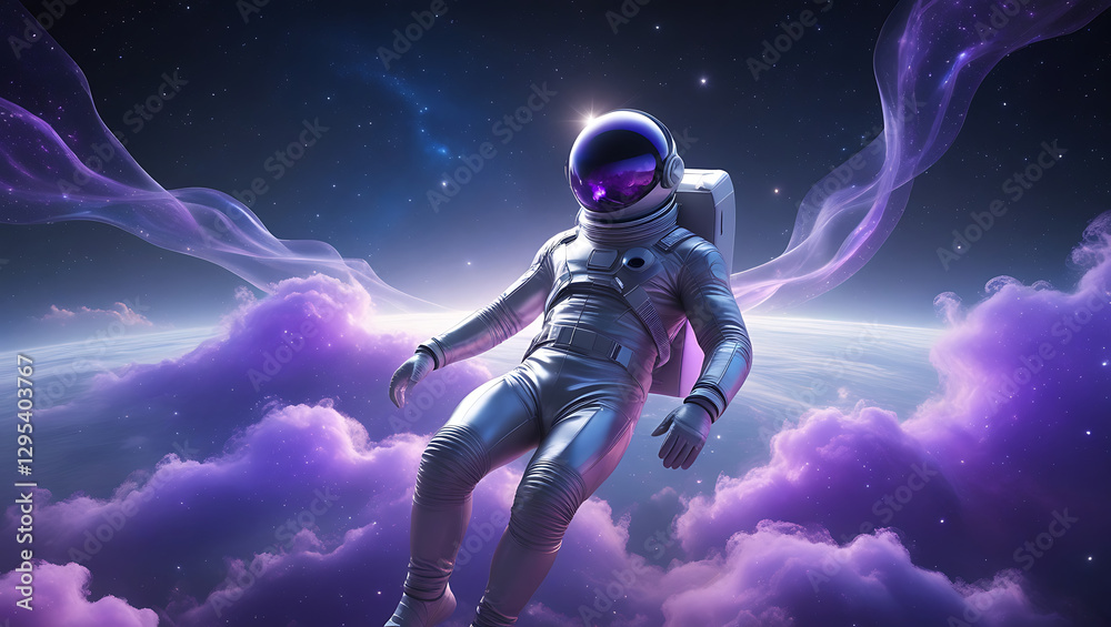 Fototapeta premium A mesmerizing visual representation Spaceman and planet, human in space, shimmering effects that give the impression of depth and dimensionality, created by generative ai