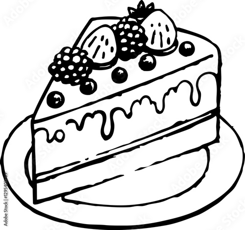 Delicious chocolate cake slice with berries and icing on plate