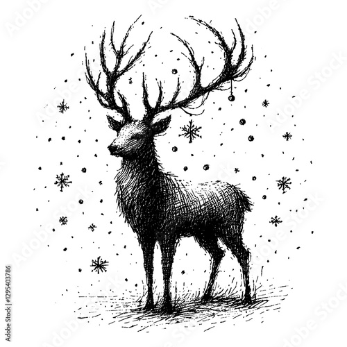 Deer Christmas line art drawing ink sketch vector hand drawn illustration background