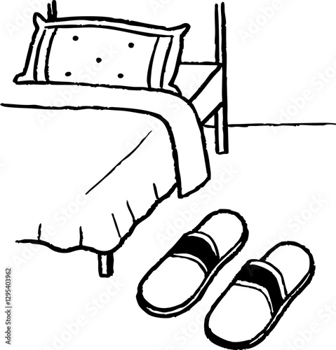 Cozy bedroom with bed and slippers on floor, inviting relaxation