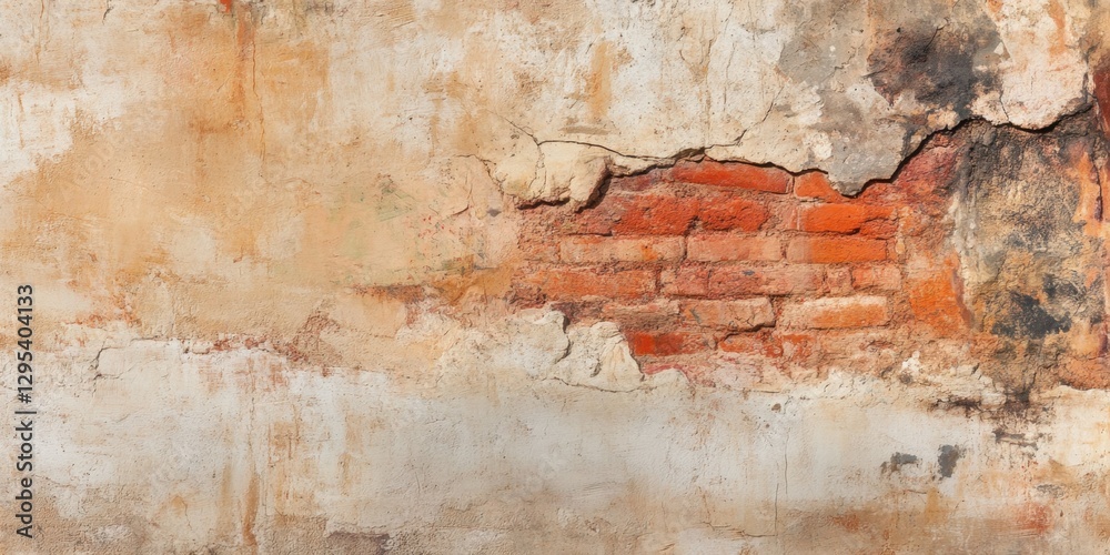 Obraz premium Weathered Wall Texture: An aged brick wall displays textured paint, revealing the raw beauty of its worn layers. Its distressed surface tells a story of time.