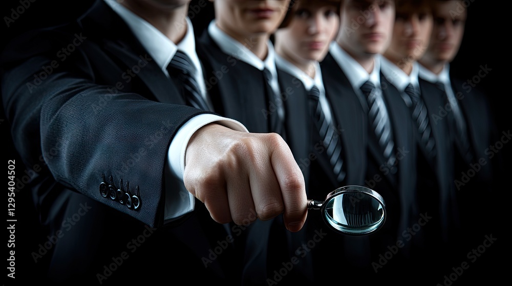 Team inspecting with magnifier. Business review for potential, analysis, search, audit Team inspecting with magnifier. Business review for potential, analysis, search, audit