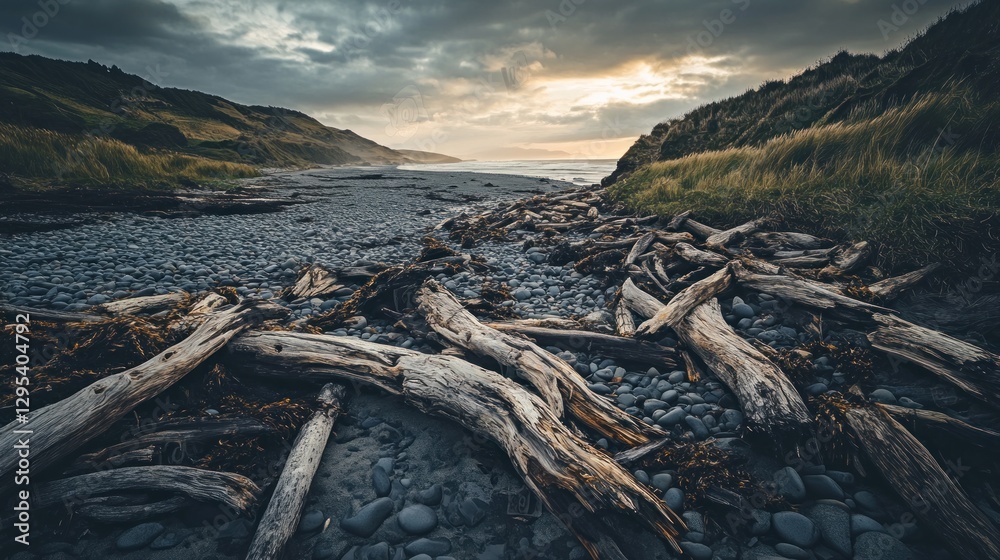 Driftwood litters a rocky beach under a dramatic cloudy sky Driftwood litters a rocky beach under a dramatic cloudy sky
