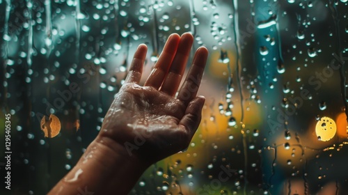 A hand reaching out to touch a raindrop on a window, capturing the beauty of nature in a moment of solitude