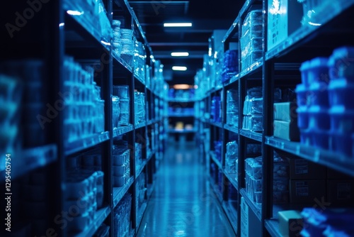 A Vast Aisle of Stocked Shelves in a Dimly Lit Warehouse Showcasing a Variety of Packaged Goods and Materials, Highlighting Organizational and Inventory Aspects photo