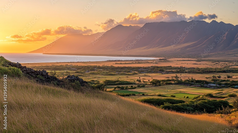 Landscape view of mountains meeting the sea during sunset Landscape view of mountains meeting the sea during sunset