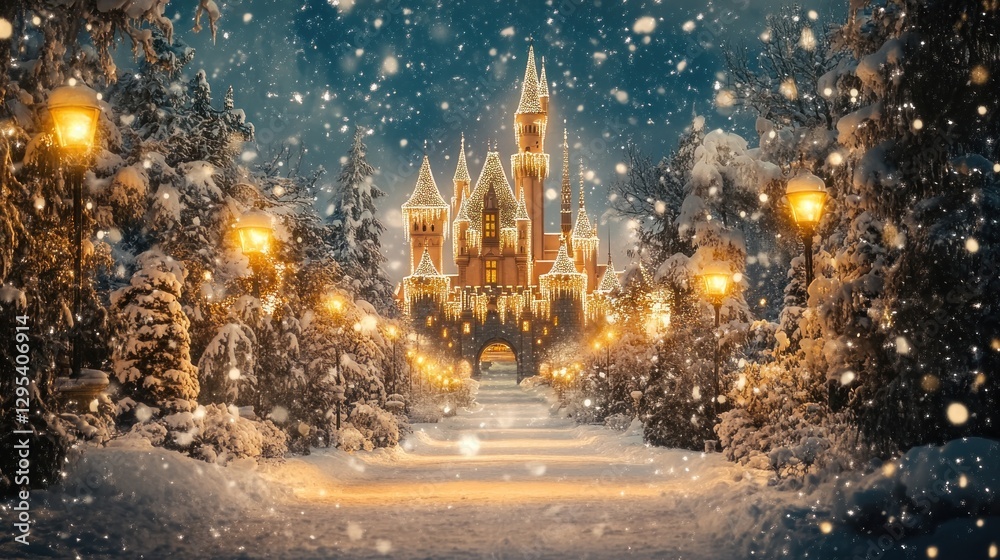 Naklejka premium Fairytale castle adorned with lights stands in a winter wonderland