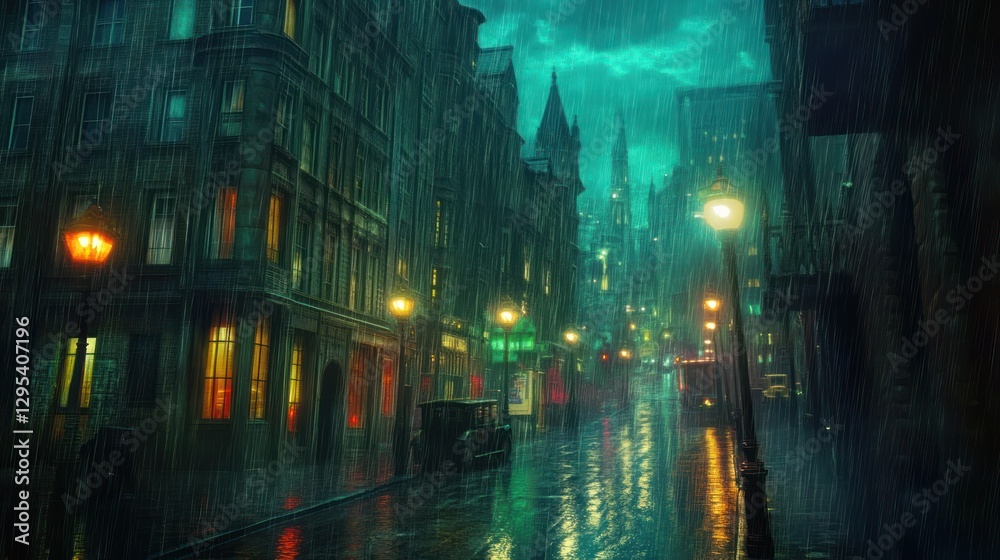 Obraz premium Rainy city street with glowing lamps and vintage cars