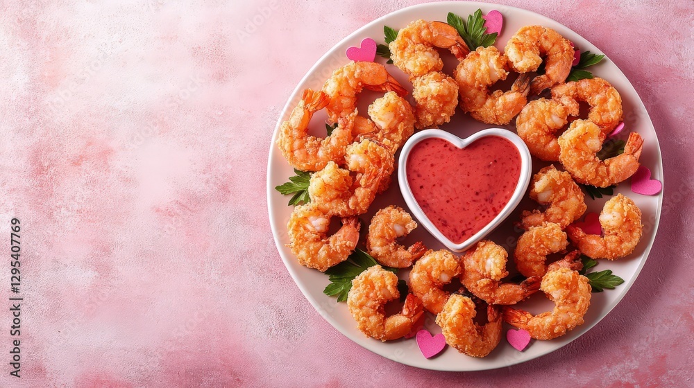 Fototapeta premium Crispy Fried Shrimp Arranged Beautifully with Pink Hearts and Sauce