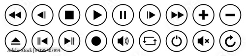 Set of media player buttons. Control button icon. Play, stop, push, and next track, audio, volume, interface, design media player buttons. Music player buttons. Vector illustration.