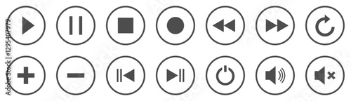Set of media player icons. Media player button collection. Play, pause, replay, previous, next track, plus, minus, speaker and more icons vector illustration.