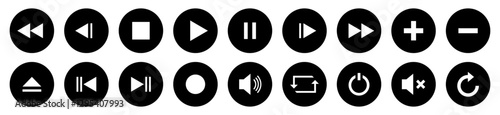 Set of media player buttons. Control button icon. Play, stop, push, and next track, audio, volume, interface, design media player buttons. Music player buttons in flat style. Vector illustration.