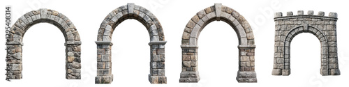 Majestic gothic arched entryways and decaying architectural structures of an impressive medieval castle fortress  The weathered stone walls columns