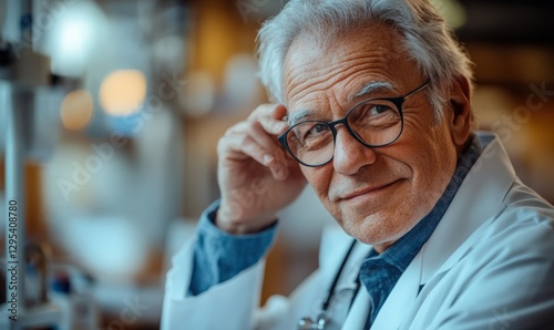 Aging Caucasian Male Doctor Smiling in Laboratory Setting, Passionate About Medical Science and Patient Care, Showcasing Years of Experience and Knowledge